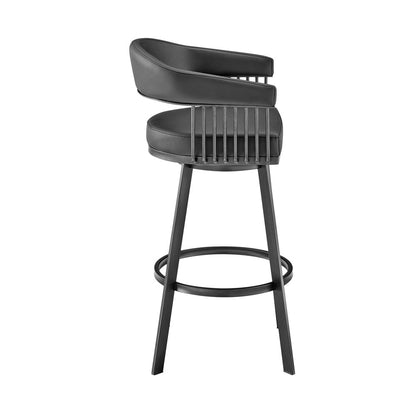 26" Black Faux Leather And Iron Low Back Counter Height Swivel Bar Chair