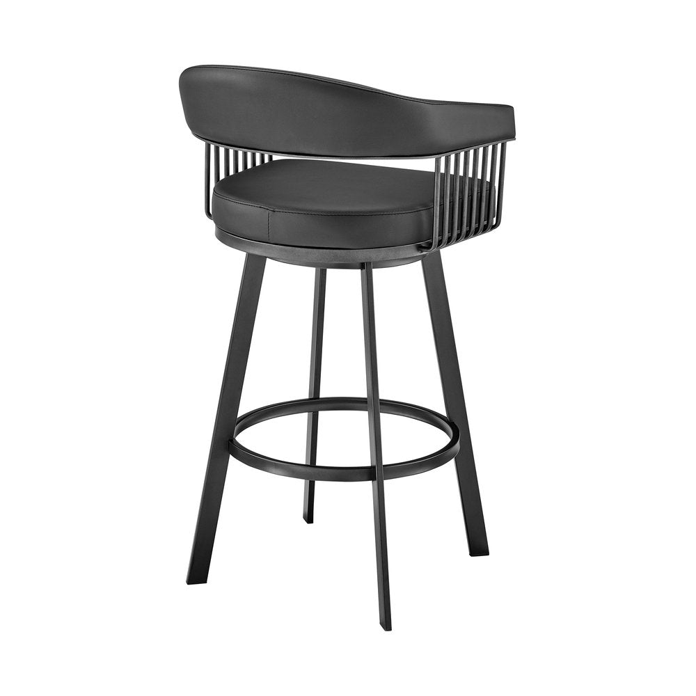 26" Black Faux Leather And Iron Low Back Counter Height Swivel Bar Chair