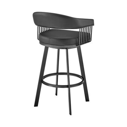 26" Black Faux Leather And Iron Low Back Counter Height Swivel Bar Chair