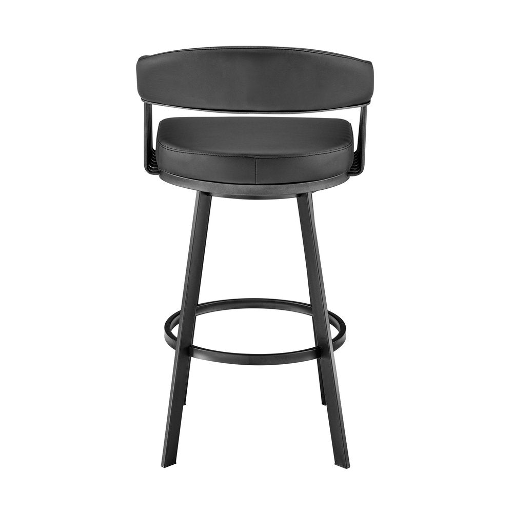 26" Black Faux Leather And Iron Low Back Counter Height Swivel Bar Chair