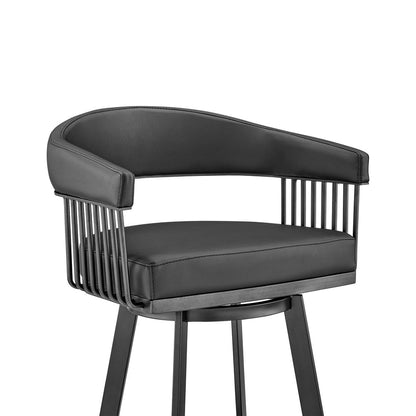26" Black Faux Leather And Iron Low Back Counter Height Swivel Bar Chair