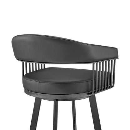 26" Black Faux Leather And Iron Low Back Counter Height Swivel Bar Chair