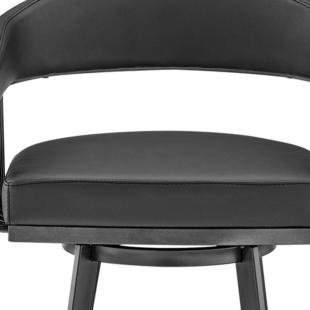 26" Black Faux Leather And Iron Low Back Counter Height Swivel Bar Chair