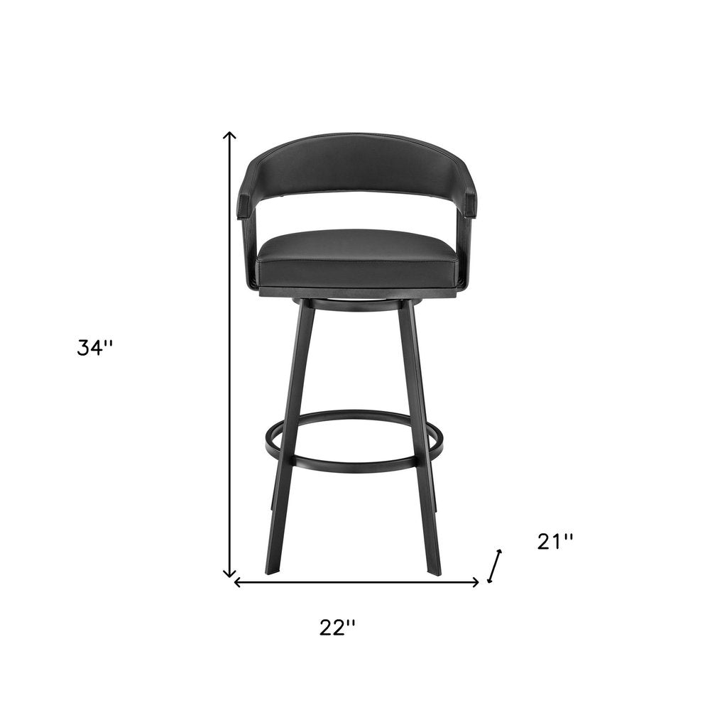 26" Black Faux Leather And Iron Low Back Counter Height Swivel Bar Chair