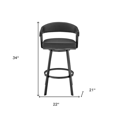 26" Black Faux Leather And Iron Low Back Counter Height Swivel Bar Chair