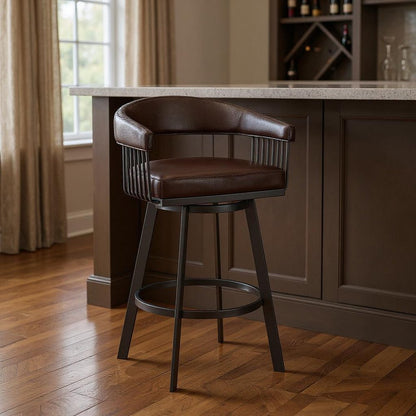 29" Chocolate And Gray Iron Swivel Low Back Bar Height Bar Chair