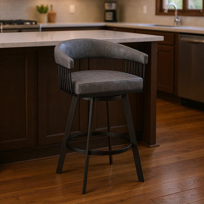 25" Gray And Black Iron Swivel Low Back Counter Height Bar Chair