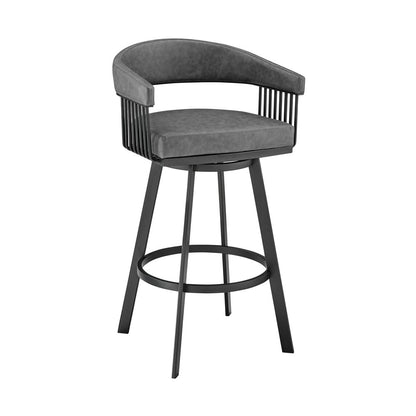 29" Gray And Black Fabric And Iron Low Back Bar Height Swivel Bar Chair