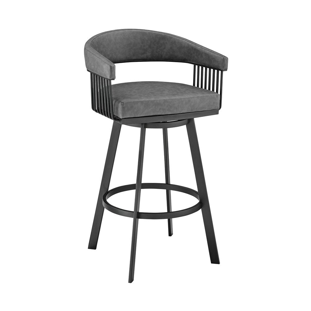 29" Gray And Black Fabric And Iron Low Back Bar Height Swivel Bar Chair