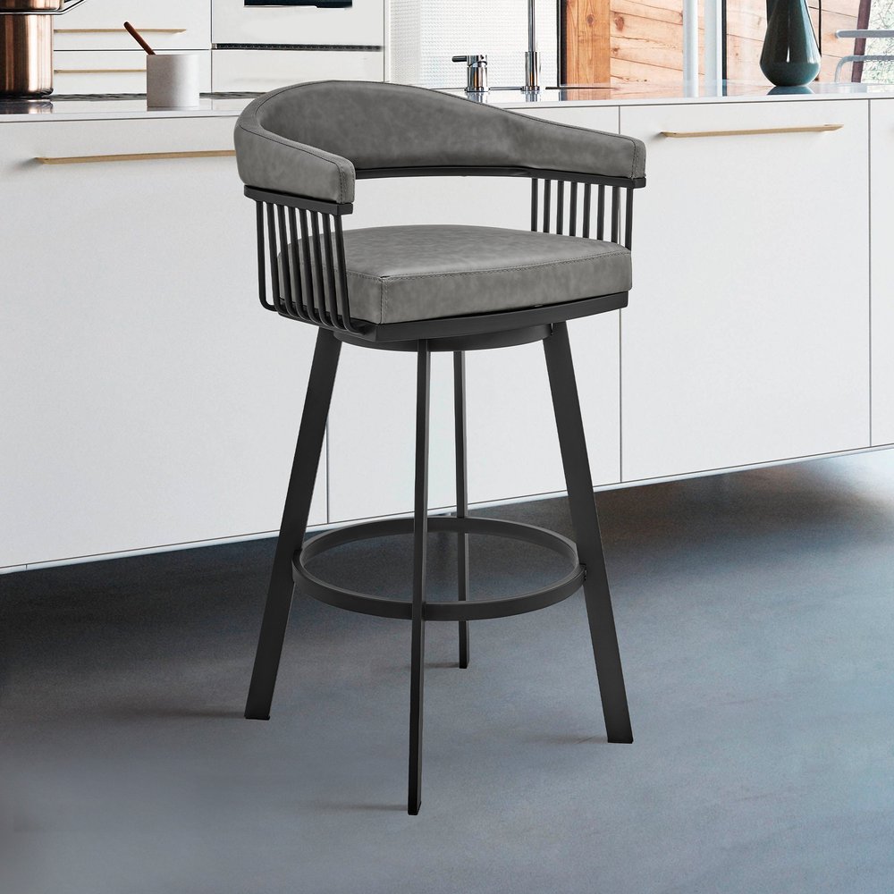29" Gray And Black Fabric And Iron Low Back Bar Height Swivel Bar Chair