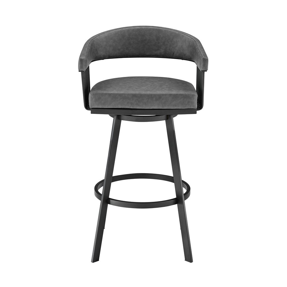 29" Gray And Black Fabric And Iron Low Back Bar Height Swivel Bar Chair