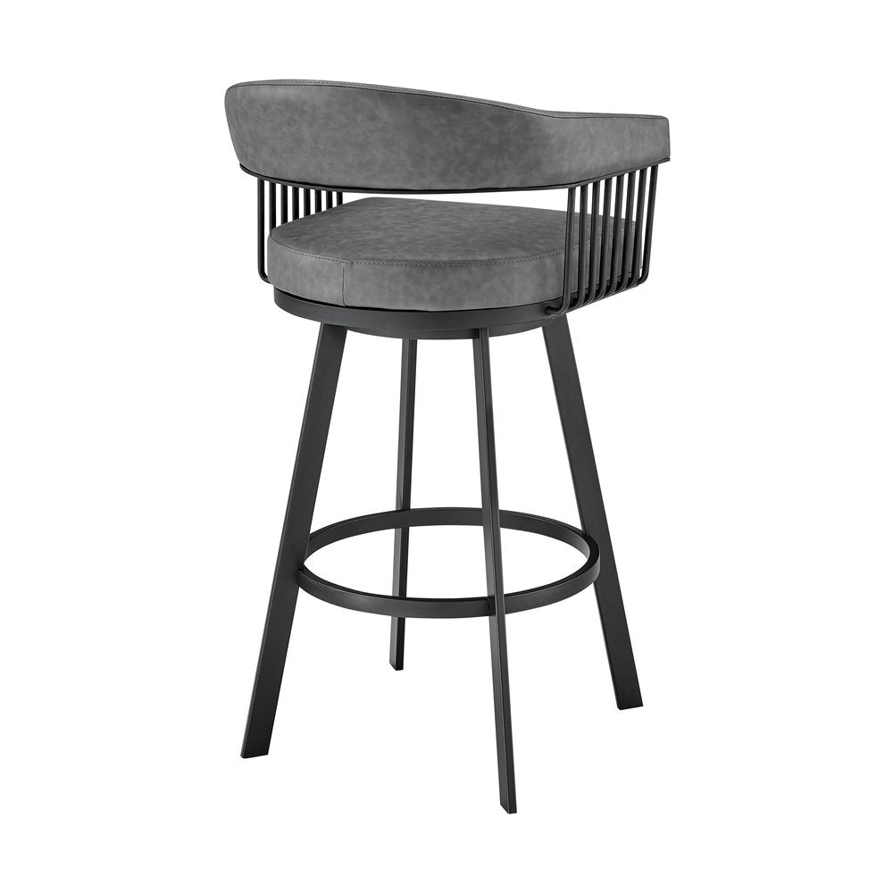 29" Gray And Black Fabric And Iron Low Back Bar Height Swivel Bar Chair