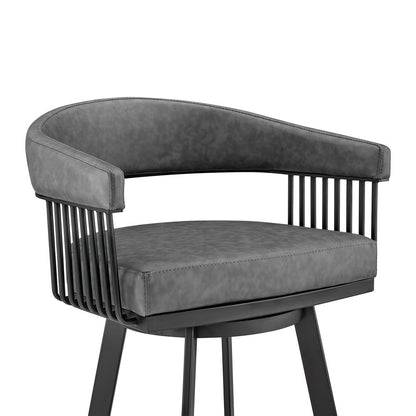 29" Gray And Black Fabric And Iron Low Back Bar Height Swivel Bar Chair