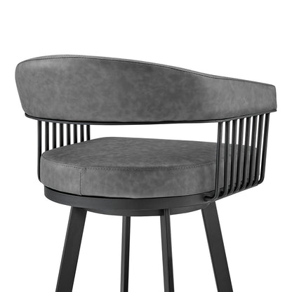 29" Gray And Black Fabric And Iron Low Back Bar Height Swivel Bar Chair