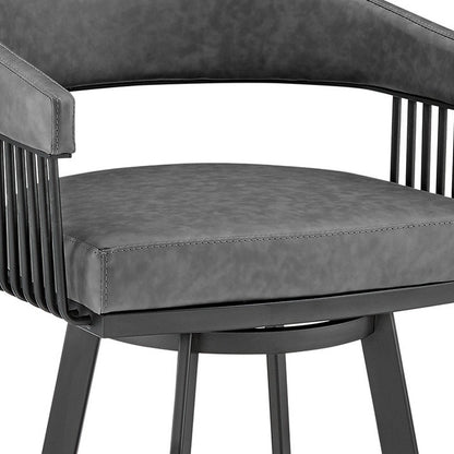 29" Gray And Black Fabric And Iron Low Back Bar Height Swivel Bar Chair