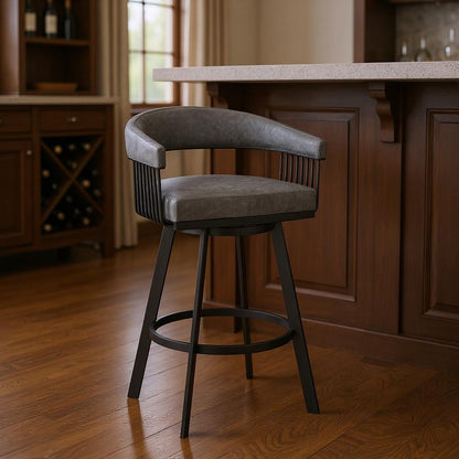 29" Gray And Black Iron Swivel Low Back Bar Height Bar Chair