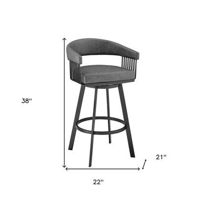 29" Gray And Black Fabric And Iron Low Back Bar Height Swivel Bar Chair