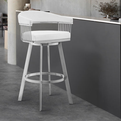 29" White And Silver Fabric And Iron Low Back Bar Height Swivel Bar Chair