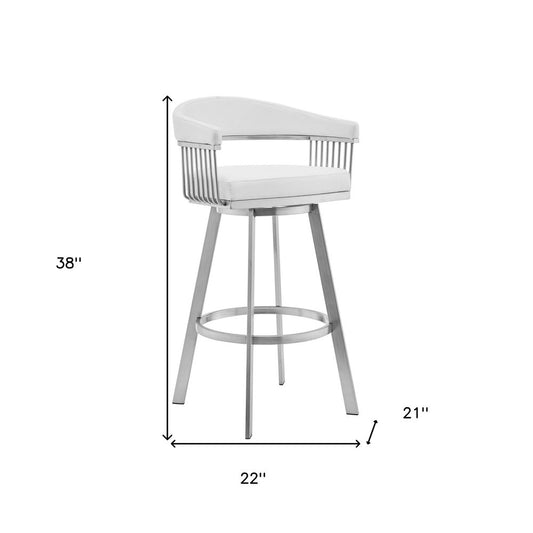 29" White And Silver Fabric And Iron Low Back Bar Height Swivel Bar Chair
