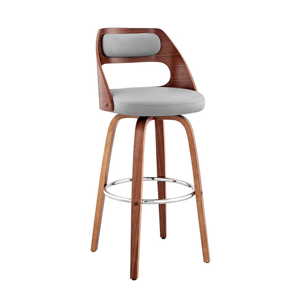 30" Gray And Brown Faux Leather And Fabric And Wood Bar Height Swivel Bar Chair