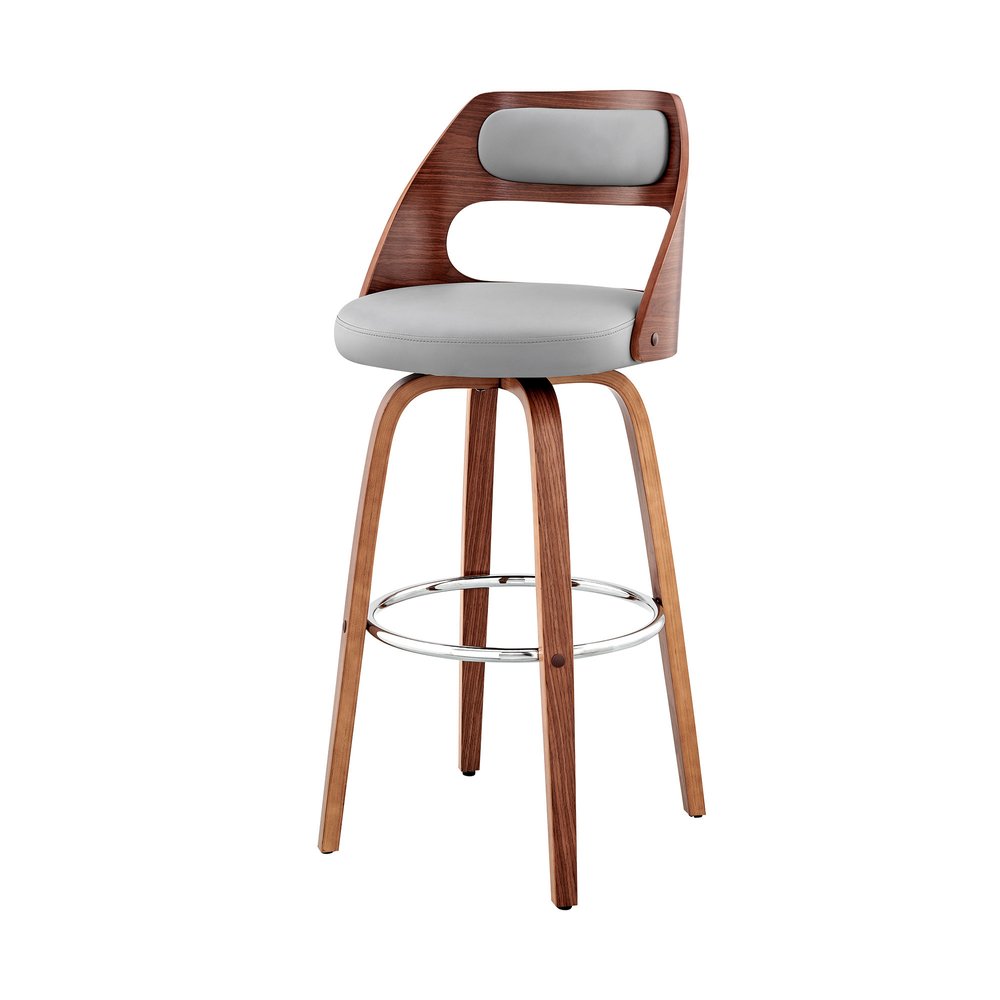 30" Gray And Brown Faux Leather And Fabric And Wood Bar Height Swivel Bar Chair