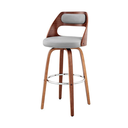 30" Gray And Brown Faux Leather And Fabric And Wood Bar Height Swivel Bar Chair