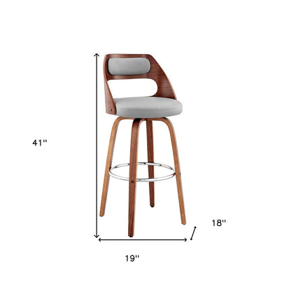 30" Gray And Brown Faux Leather And Fabric And Wood Bar Height Swivel Bar Chair