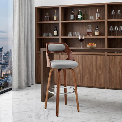 30" Gray And Brown Faux Leather Swivel Bar Height Bar Chair