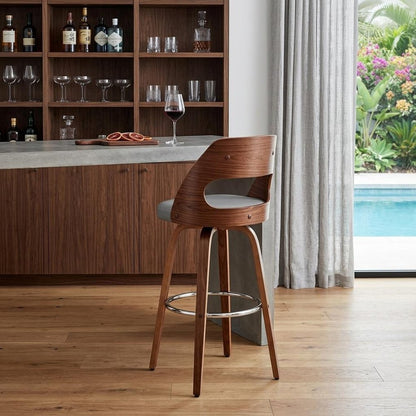 30" Gray And Brown Faux Leather Swivel Bar Height Bar Chair