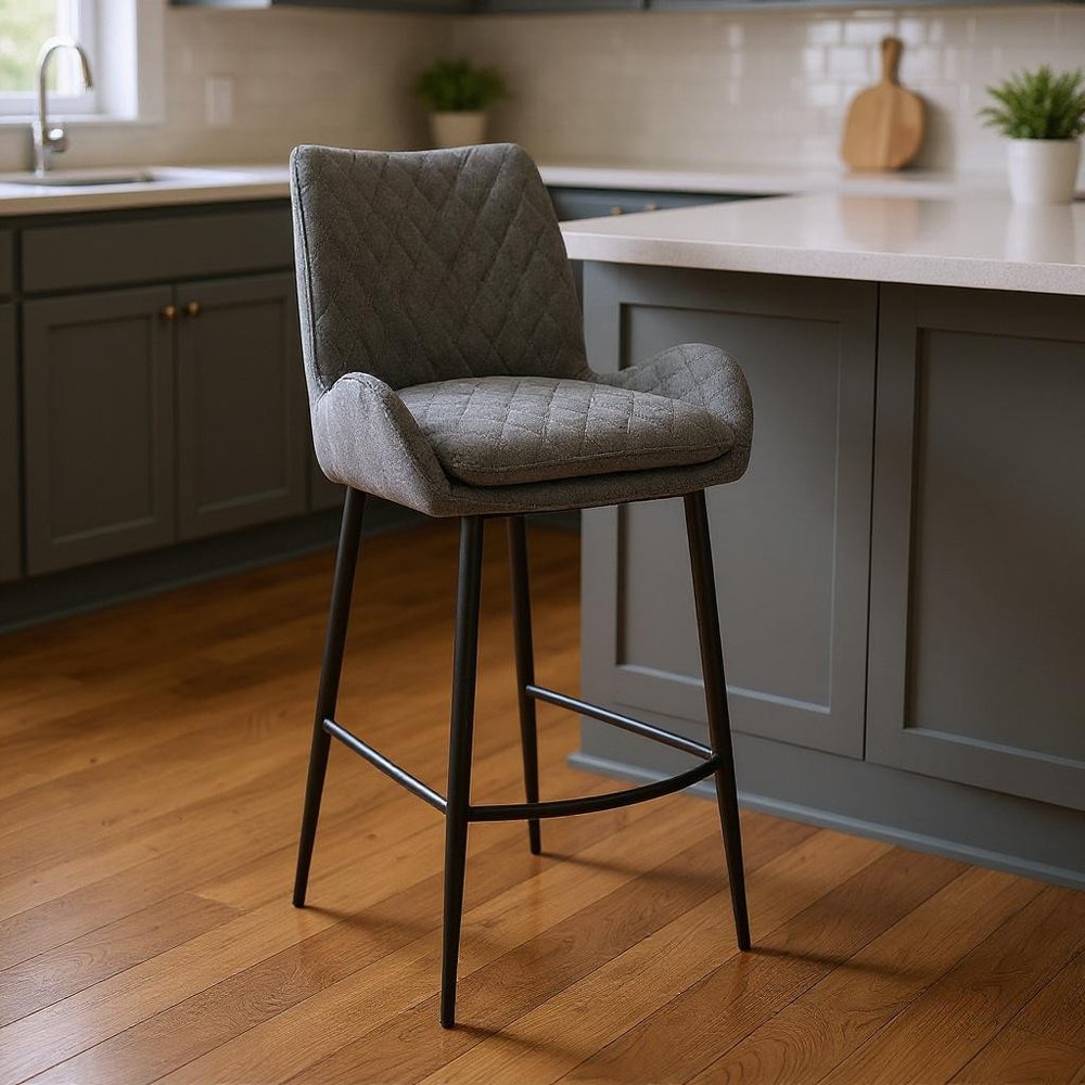 26" Charcoal And Black Fabric And Iron Counter Height Bar Chair