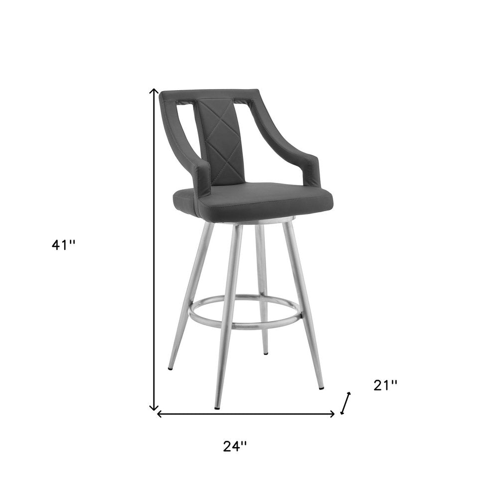 25" Gray And Silver Faux Leather And Fabric And Iron Counter Height Swivel Bar Chair