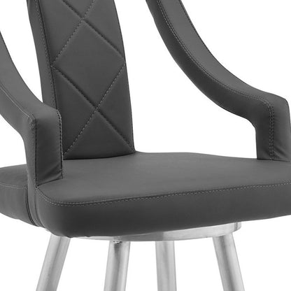 25" Gray And Silver Faux Leather And Fabric And Iron Counter Height Swivel Bar Chair