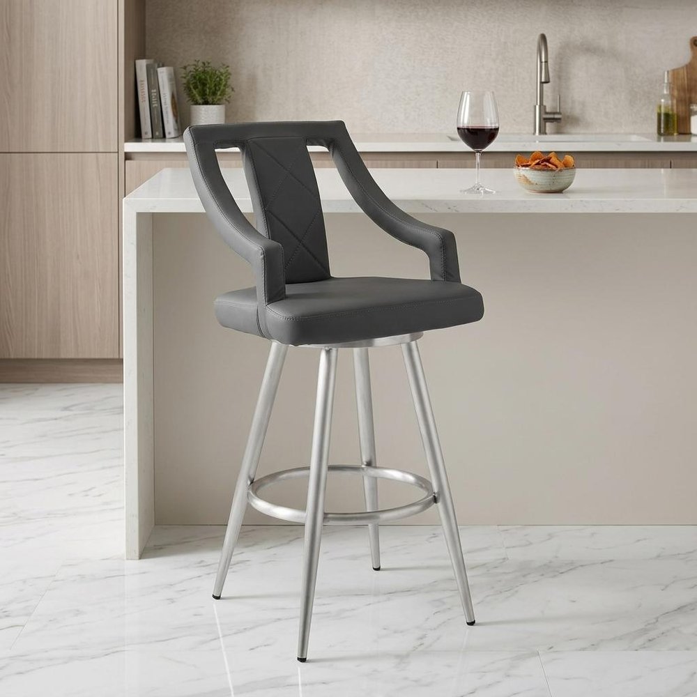 25" Gray And Silver Faux Leather And Fabric And Iron Counter Height Swivel Bar Chair