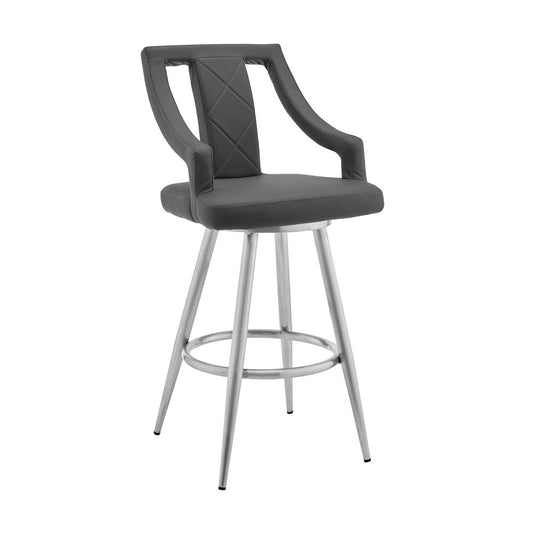 25" Gray And Silver Faux Leather And Fabric And Iron Counter Height Swivel Bar Chair