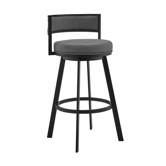 26" Gray And Black Faux Leather And Fabric And Iron Low Back Counter Height Swivel Bar Chair