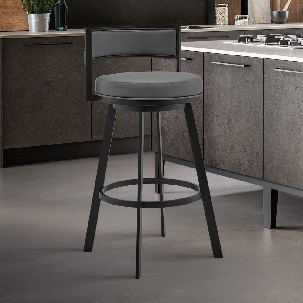 26" Gray And Black Faux Leather And Fabric And Iron Low Back Counter Height Swivel Bar Chair