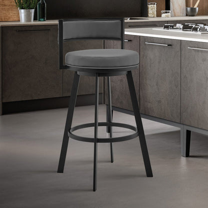 26" Gray And Black Faux Leather And Fabric And Iron Low Back Counter Height Swivel Bar Chair