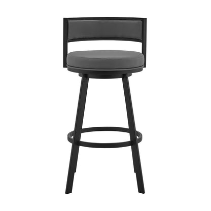 26" Gray And Black Faux Leather And Fabric And Iron Low Back Counter Height Swivel Bar Chair