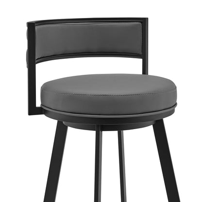 26" Gray And Black Faux Leather And Fabric And Iron Low Back Counter Height Swivel Bar Chair
