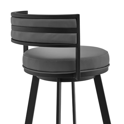 26" Gray And Black Faux Leather And Fabric And Iron Low Back Counter Height Swivel Bar Chair
