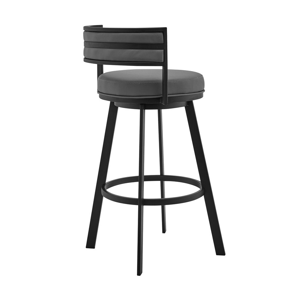 26" Gray And Black Faux Leather And Fabric And Iron Low Back Counter Height Swivel Bar Chair