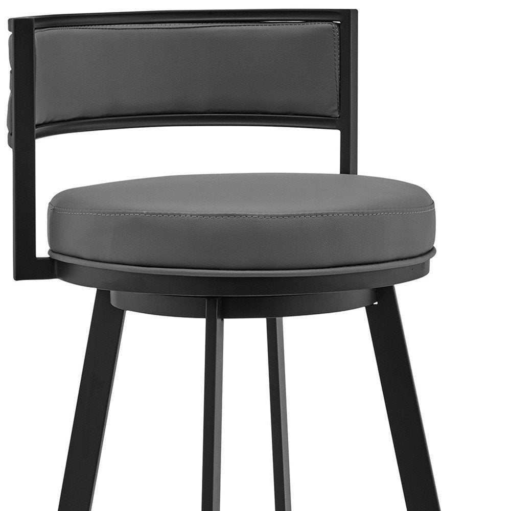 26" Gray And Black Faux Leather And Fabric And Iron Low Back Counter Height Swivel Bar Chair