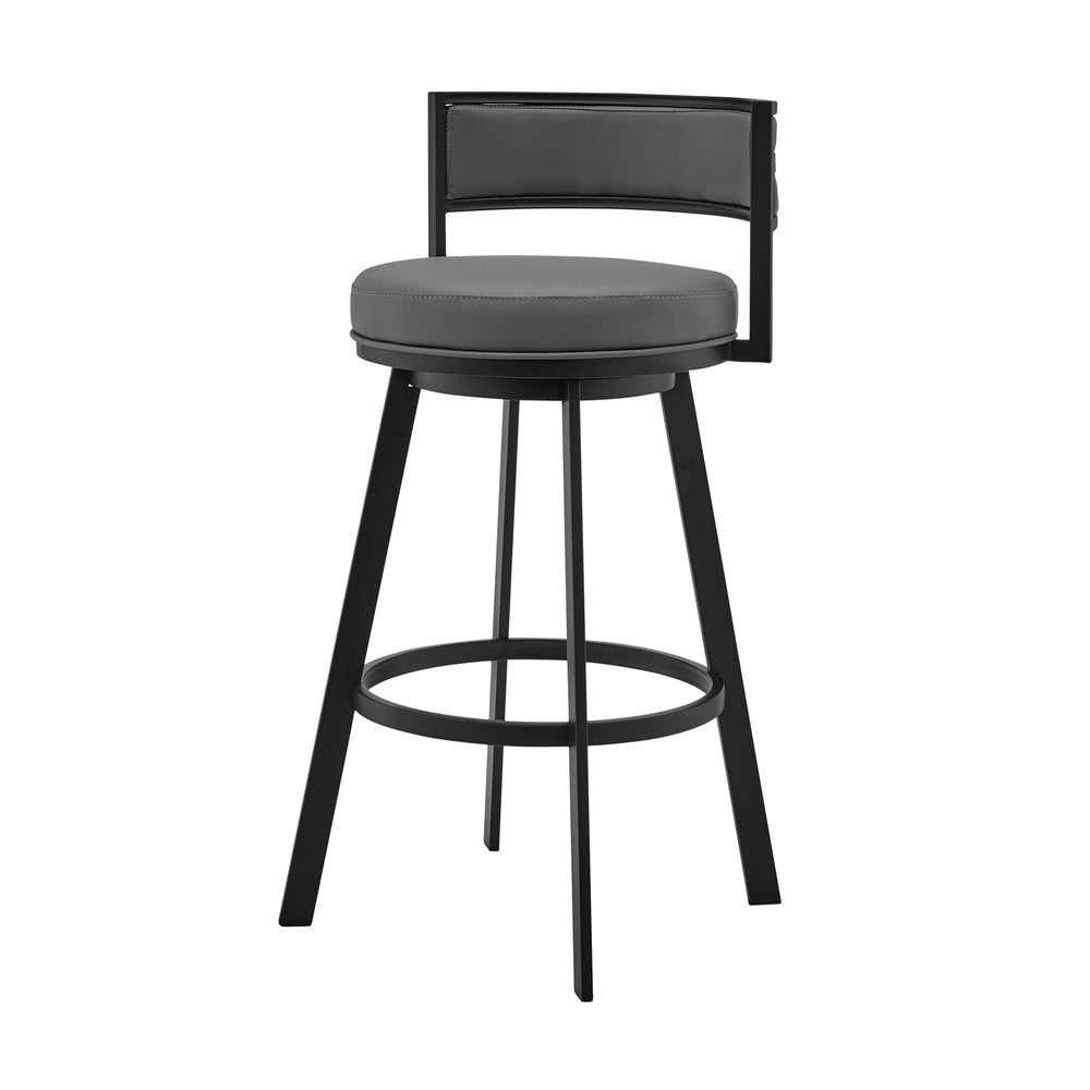 26" Gray And Black Faux Leather And Fabric And Iron Low Back Counter Height Swivel Bar Chair