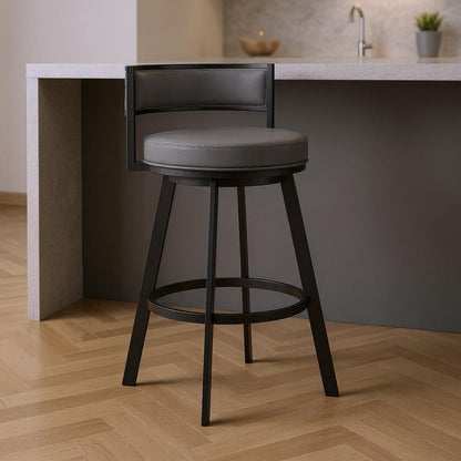 26" Gray And Black Faux Leather And Iron Swivel Low Back Counter Height Bar Chair