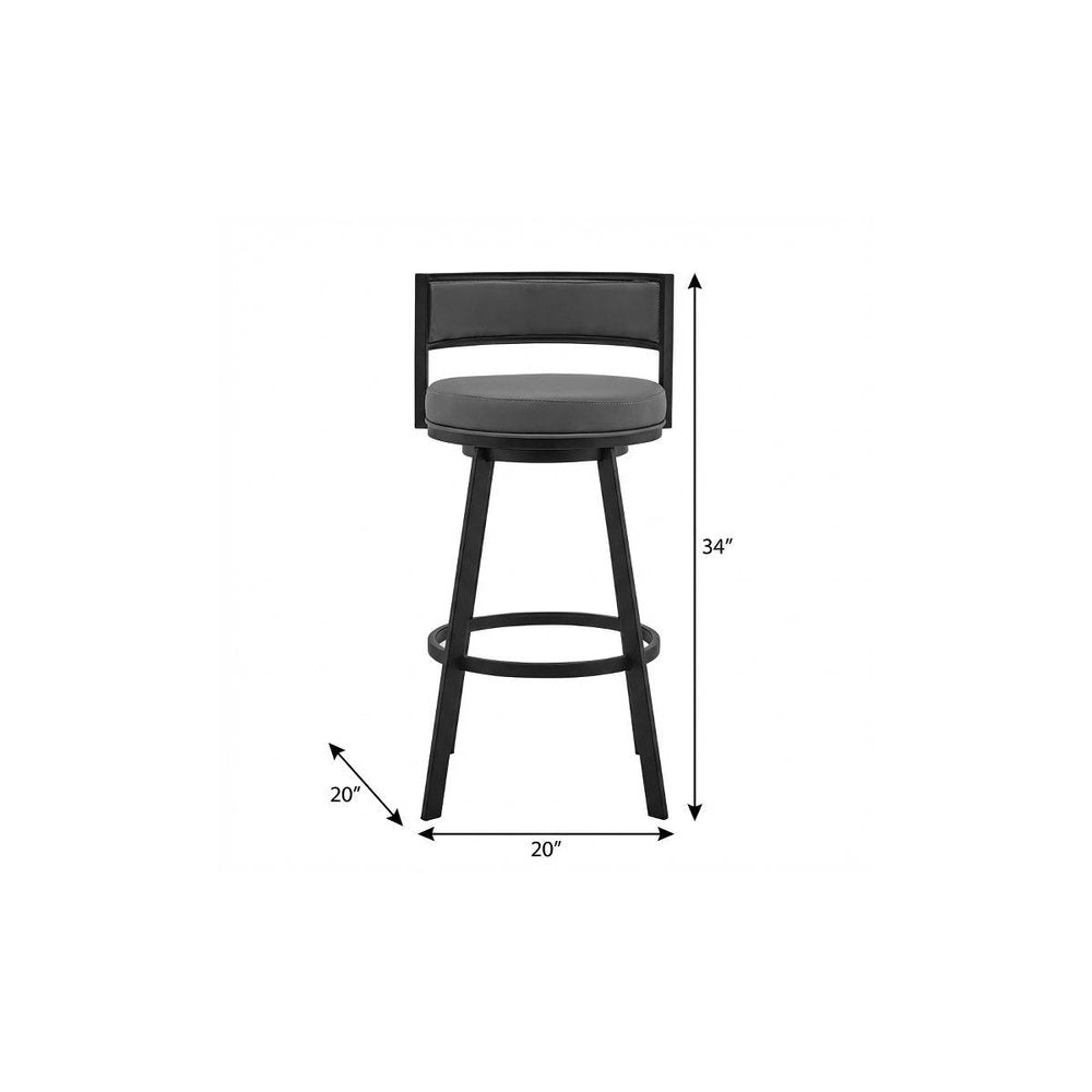 26" Gray And Black Faux Leather And Fabric And Iron Low Back Counter Height Swivel Bar Chair