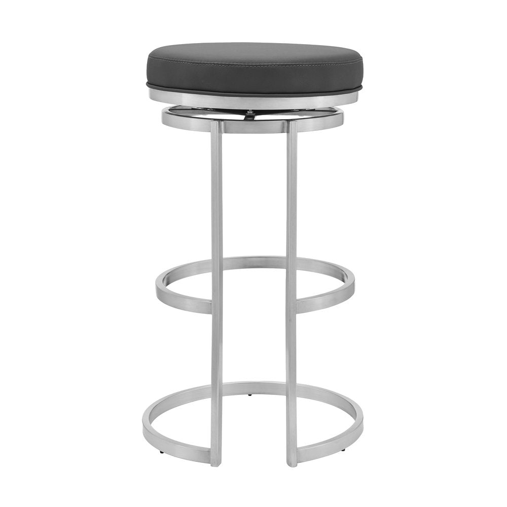 30" Gray And Silver Faux Leather And Fabric And Iron Backless Bar Height Swivel Bar Chair