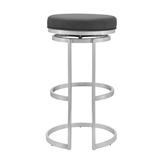 30" Gray And Silver Faux Leather And Fabric And Iron Backless Bar Height Swivel Bar Chair