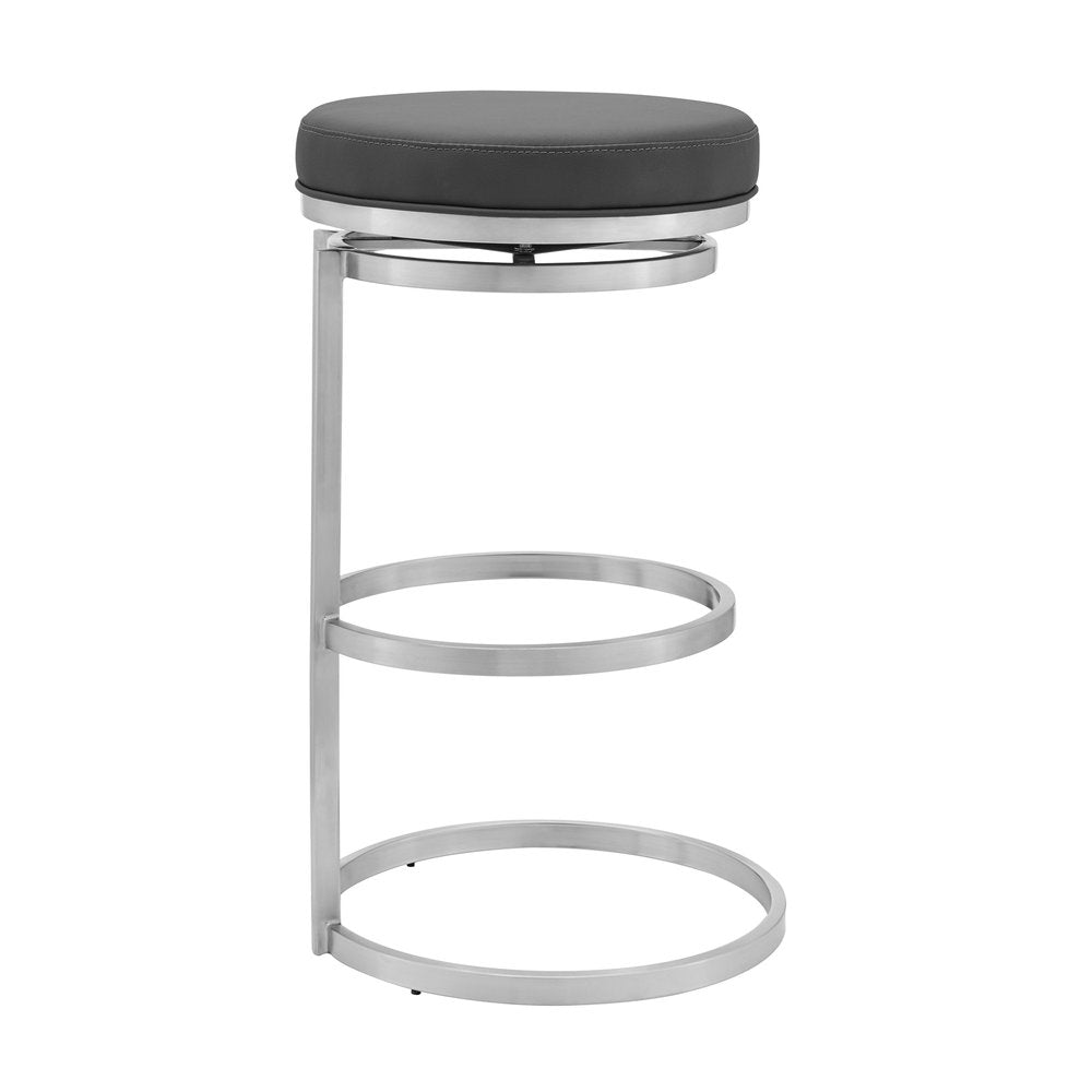 30" Gray And Silver Faux Leather And Fabric And Iron Backless Bar Height Swivel Bar Chair