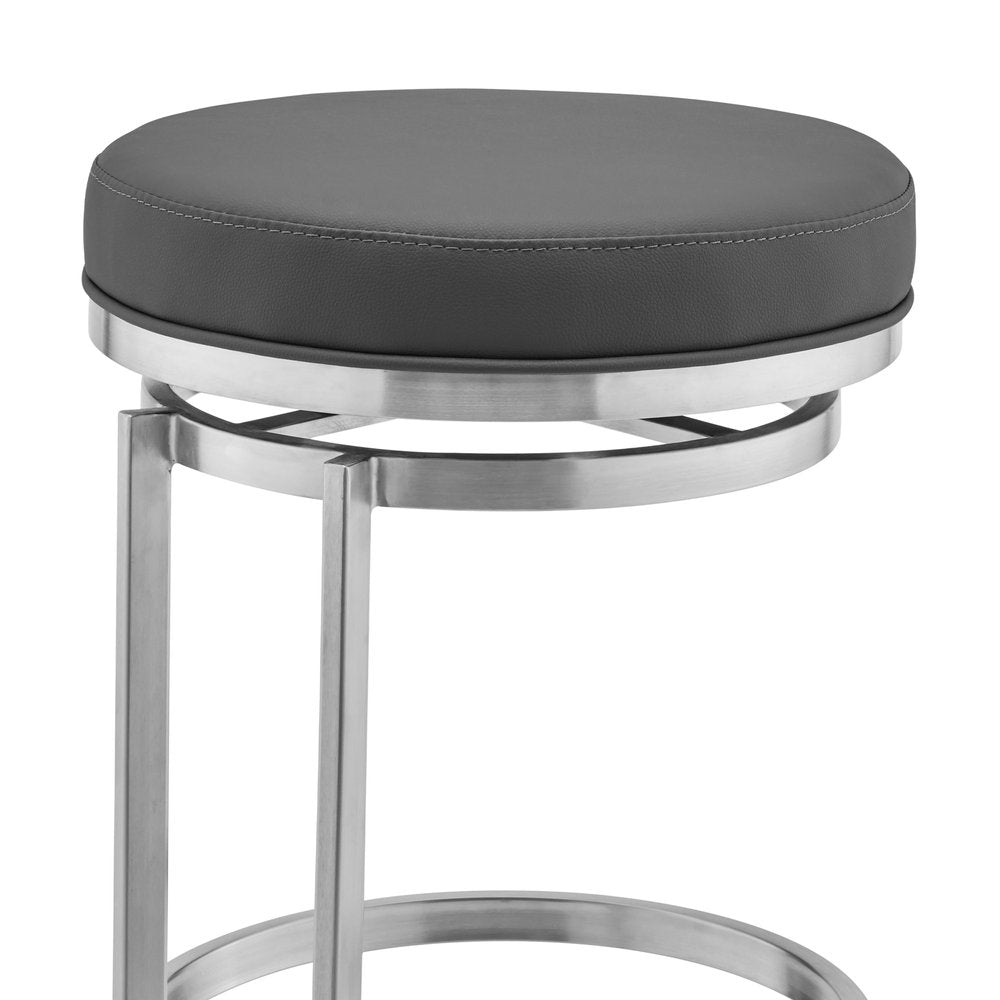 30" Gray And Silver Faux Leather And Fabric And Iron Backless Bar Height Swivel Bar Chair