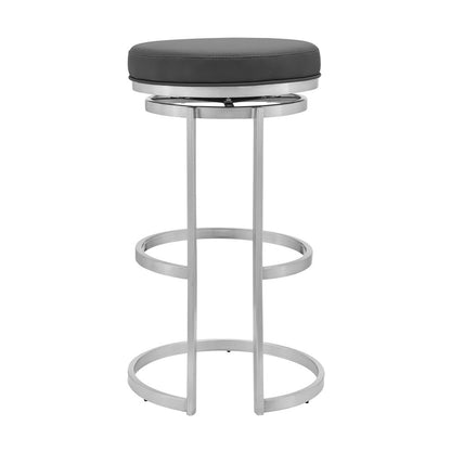 30" Gray And Silver Faux Leather And Fabric And Iron Backless Bar Height Swivel Bar Chair